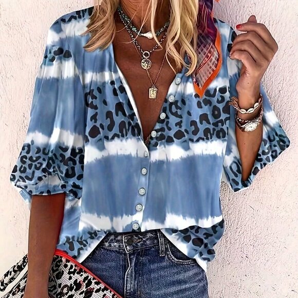 Tops - Blue Casual Women's Paisley Print Long Sleeve Button Up Collared Blouse